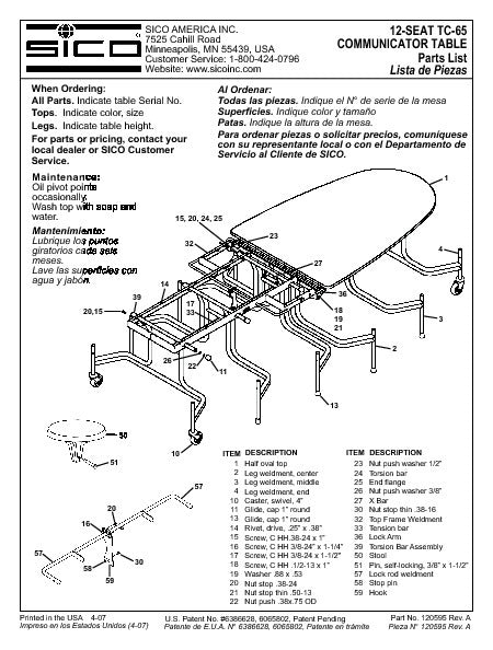 Sico Parts List for Communicator Tables
