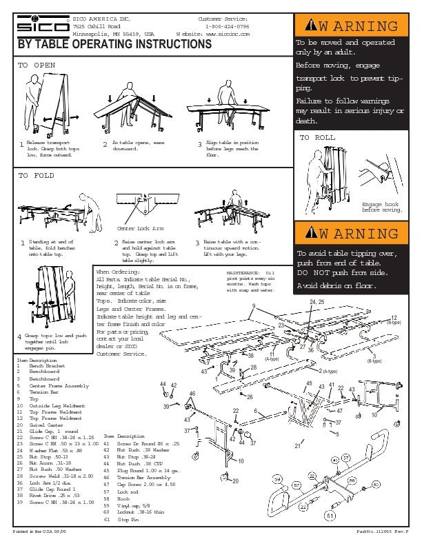 Sico Parts List for BY65 Rectangle Bench Tables